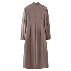Back view detail of brown wool coat featuring elegant stand collar and slimming princess seams