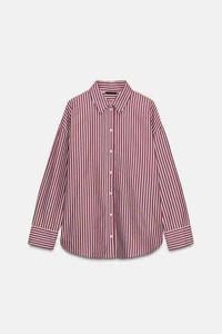 Detail showing the burgundy vertical stripes and classic button cuff on long sleeve shirt
