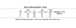 Size guide table for vintage leopard print hooded puffer jacket in S, M, L dimensions