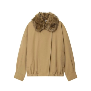 Women Casual Loose Khaki Pilot Jacket With Brown Faux Fur Collar Long Sleeve Zip Up Commuting Outerwear Autumn Winter