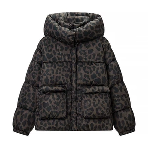Women's Vintage Leopard Print Hooded Puffer Jacket Warm Quilted Winter Cotton Padded Coat With Pockets Zipper Outerwear
