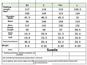 Detailed size chart for women's long suede trench coat with measurements in centimeters