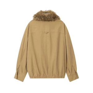 Khaki pilot jacket with dark brown faux fur collar shown from back view on white background