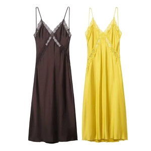 Robe Fond De Robe Satin Femmes Dentelle Patchwork Bretelles Spaghetti Col En V Dos Nu Élégant Nuisette