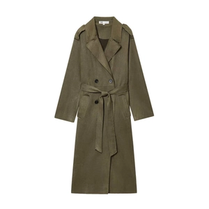Women Double Breasted Faux Suede Long Trench Coat With Belt Elegant Olive Green Lapel Collar Overcoat Windbreaker