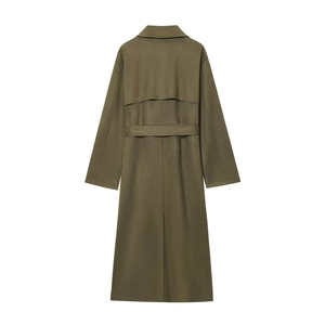 Army green long suede trench coat for women with classic back wind flap and waist belt