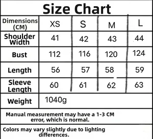 Size chart showing chest, shoulder, and length measurements for winter knit ski jacket