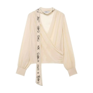 Chemisier Cache-cœur Élégant pour Femmes Blanc Cassé Col en V Broderie Étoile Céleste Manches Longues Perlé Mode
