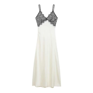 Robe Cami en Satin Sexy pour Femmes Patchwork de Dentelle Col en V Sans Manches Dos Nu Couleur Contrastée Robe Maxi Moulante