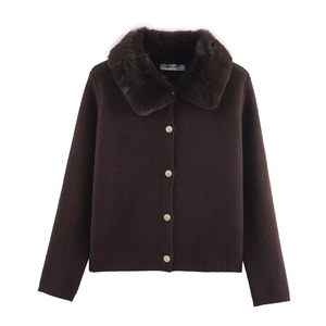 Women Elegant Faux Fur Collar Knit Cardigan Sweater With Vintage Gold Anchor Buttons Solid Coffee Brown Long Sleeve Jacket