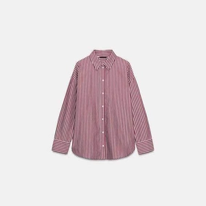 Classic burgundy and white vertical striped button-up shirt with long sleeves and lapel