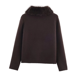 Dark brown knit cardigan with faux fur collar and textured finish back view