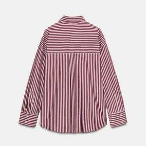 Burgundy pinstripe long sleeve shirt for women featuring a horizontal back yoke detail