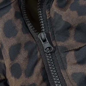 Vintage dark grey leopard print hooded puffer jacket featuring a durable zipper closure