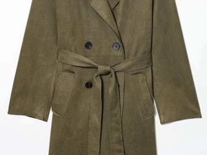 Detail of army green faux suede trench coat featuring double-breasted buttons and waist tie