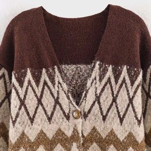 Vintage argyle knit cardigan with V-neck and plush texture in earthy brown tones