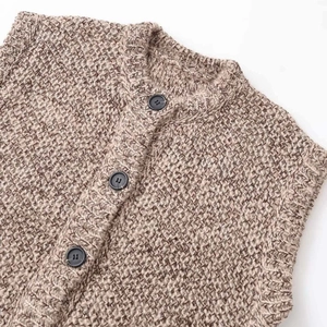 Marled warm brown sleeveless knit sweater vest with rib knit crew neck and matte buttons