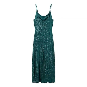 Deep green sequin slip maxi dress with thin straps and V-back on a white background