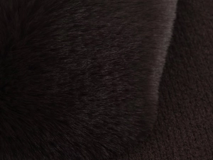 Macro detail of the dense black faux fur collar with a smooth and silky texture