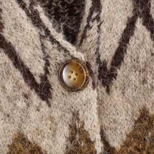 Retro geometric jacquard knit cardigan with amber resin button and fuzzy wool texture