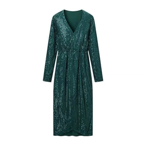 Women Elegant Sequin V Neck Long Sleeve Midi Dress Front Slit Slim Fit Peacock Green Party Evening Cocktail Dress