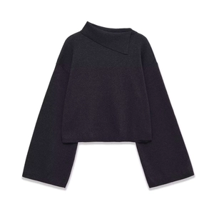 Dark grey long sleeve knit sweater with asymmetric folded collar and loose silhouette