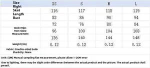 Size chart for lace slip dress featuring detailed measurements and satin fabric info