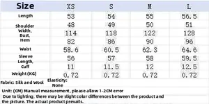 Detailed size guide table for women's wool bomber jacket with measurements in centimeters