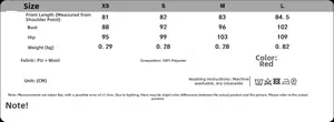 Detailed size chart for burgundy PU leather plush dress with material specifications