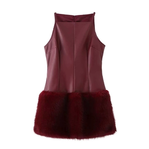 Women Burgundy PU Leather Faux Fur Splicing Mini Dress Sleeveless Halter Bodycon Evening Party Dress Elegant Commuter Wear