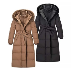 Veste Rembourrée Longue À Capuche Pour Femme Avec Col En Fausse Fourrure Ceinture Parka Matelassée Chaude D'hiver