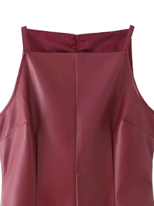 Detail of burgundy PU leather bodice featuring a square neck and seamless back zipper