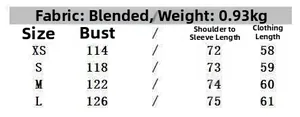 Size chart for women's gray plush short jacket with chest and sleeve measurements