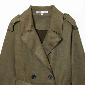 Olive green faux suede long trench coat featuring double-breasted buttons and lapels