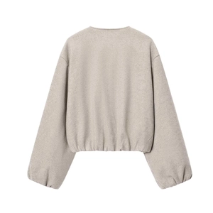 Back view of soft light grey cropped bomber jacket with ribbed cuffs and hem details