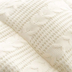 Macro shot of cream-white cable knit texture showing premium fluffy winter fabric detail