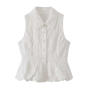 Chemisier Élégant Blanc Sans Manches en Jacquard à Basque Col à Revers Boutonnage Simple Top d'Été Ajusté à la Taille