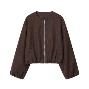 Detail view of coffee wool bomber jacket with silver metal zipper and elastic ribbed cuffs