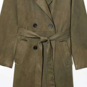 Classic olive green faux suede double-breasted long trench coat with waist tie belt