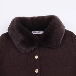 Dark brown knit cardigan with plush faux fur collar and decorative gold relief buttons