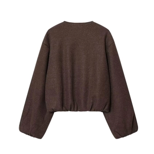 Back view of a cropped coffee brown wool bomber jacket with ribbed cuffs and hem