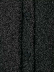 Close-up of grey plush knit jacket texture with two black round buttons on the placket