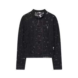 Elegant black lace shirt with mandarin collar and traditional frog button closures