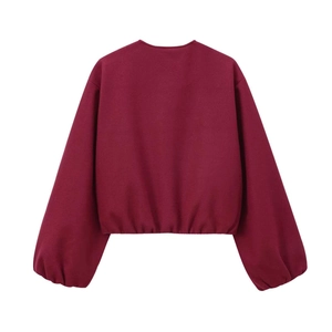 Rear view of deep red cropped bomber jacket with puff sleeves and elastic hem