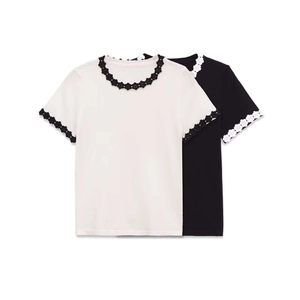 Women Elegant Knit Short Sleeve Top Contrast Floral Lace Trim Round Neck Slim Fit Basic Solid Color Summer Chic T-Shirt