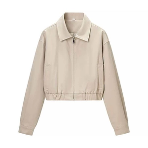 Women's chic beige PU faux leather cropped jacket with front zipper and elastic hem