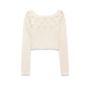 Chic cream open-knit short sweater with wave scalloped edges and retro diamond patterns