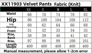 Size chart table for autumn knit trousers showing measurements for XS to XL sizes