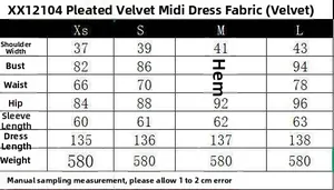 Tableau des tailles détaillé pour robe midi en velours avec mesures en cm