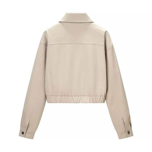 Women's minimalist beige utility cropped jacket with elastic waist and button cuffs back view